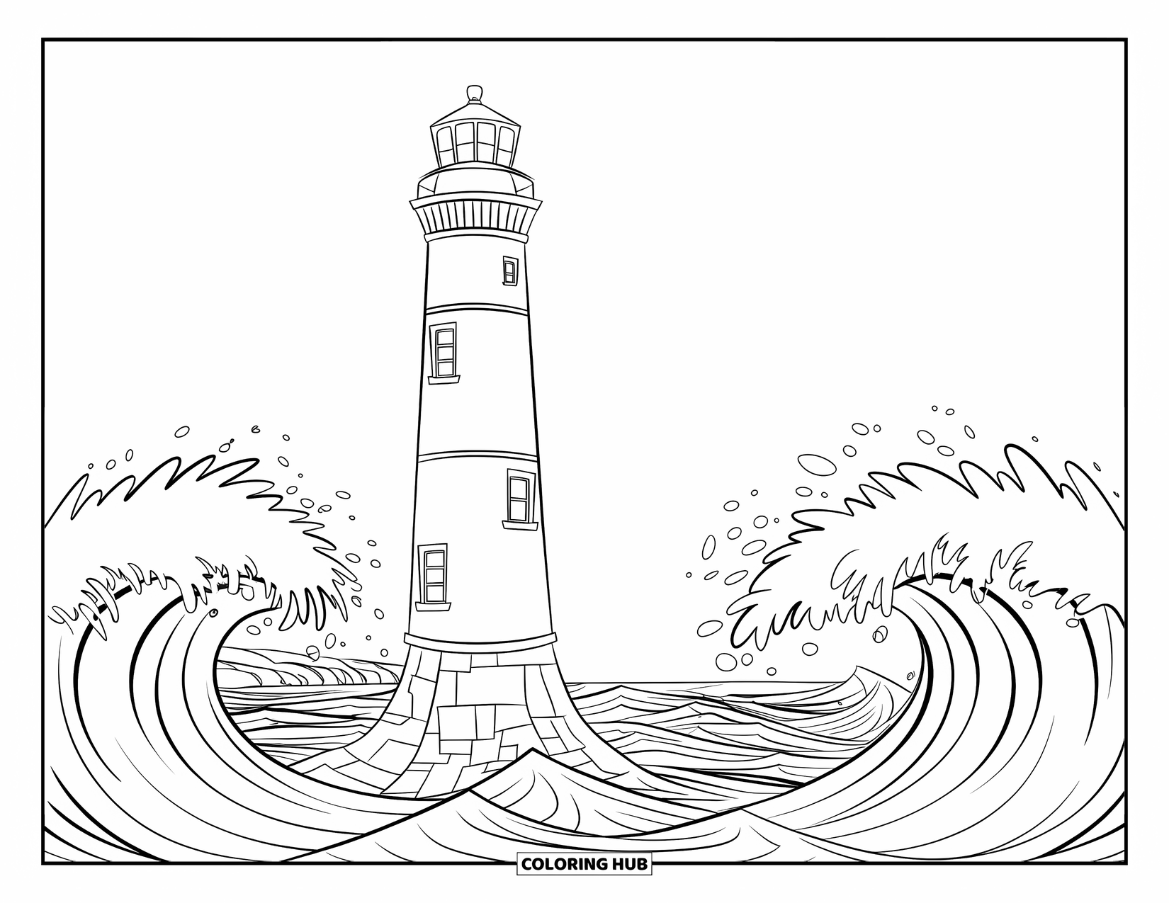 Sea Coloring Page for Kids: Round lighthouse surrounded by rough waves and rocky coast