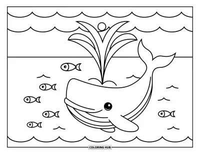 Desenho do mar para colorir para crianças: Baleia arredondada esguichando água com peixes abaixo