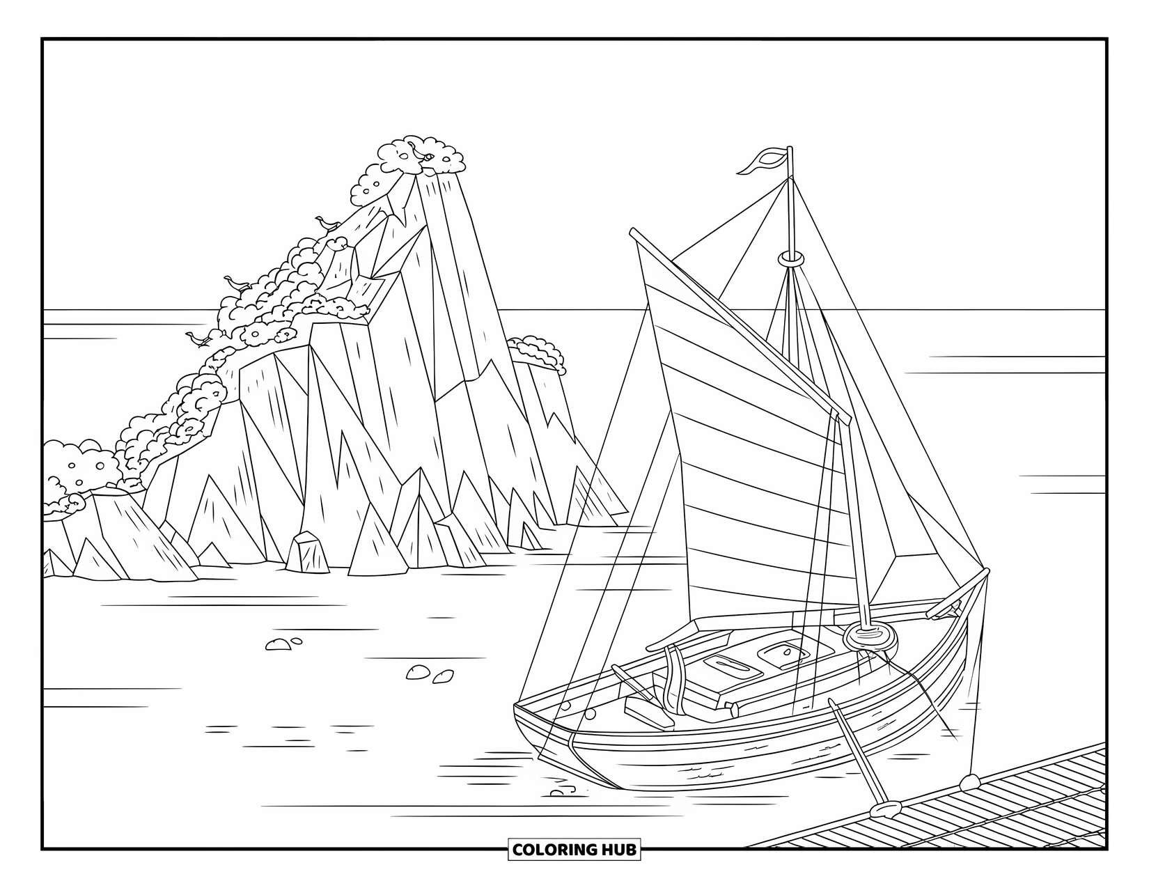 Sea Coloring Page for Kids: Sailboat docked by a rocky island with birds perched