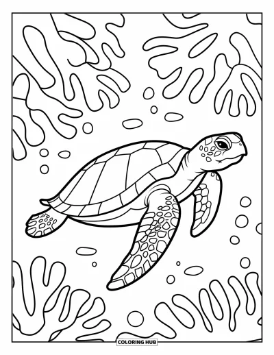 Desenho do mar para colorir para crianças: Tartaruga marinha nadando com corais em um design simples