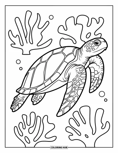 Desenho do mar para colorir para crianças: Tartaruga marinha com casco redondo nadando entre corais