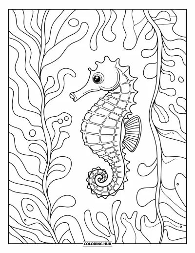 Desenho do mar para colorir para crianças: Cavalo-marinho pousado entre algas altas rodeado por vegetação marinha