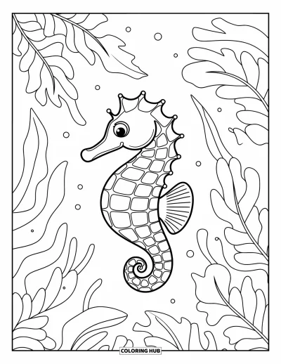 Desenho do mar para colorir para crianças: Cavalo-marinho descansando entre algas altas no oceano