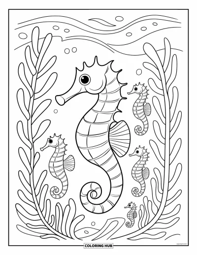 Desenho do mar para colorir para crianças: Cavalos-marinhos nadando juntos entre algas altas