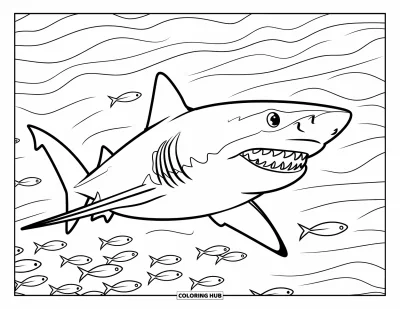 Desenho do mar para colorir para crianças: Tubarão nadando entre um cardume de peixes pequenos
