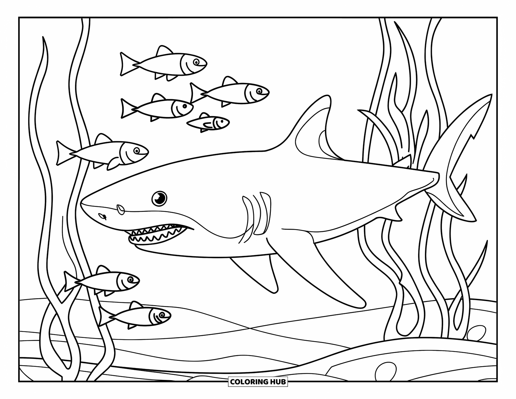 Sea Coloring Page for Kids: Shark swimming near seaweed and sandy floor