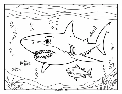 Desenho do mar para colorir para crianças: Tubarão com dentes afiados nadando perto de peixes menores