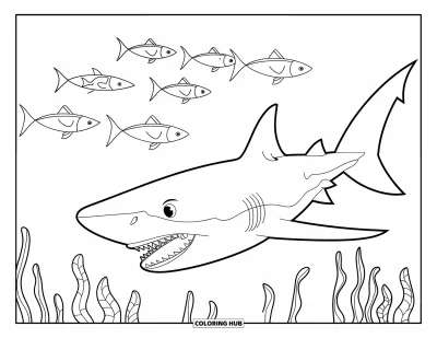 Desenho do mar para colorir para crianças: Tubarão com boca aberta perseguindo peixes menores