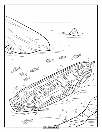 Desenho do mar para colorir para crianças: Naufrágio no fundo do mar com grandes pedras por perto