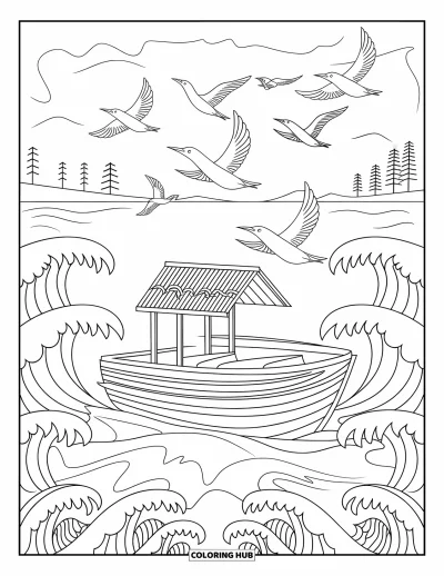 Desenho do mar para colorir para crianças: Barquinho com teto, ondas grandes e aves marinhas acima