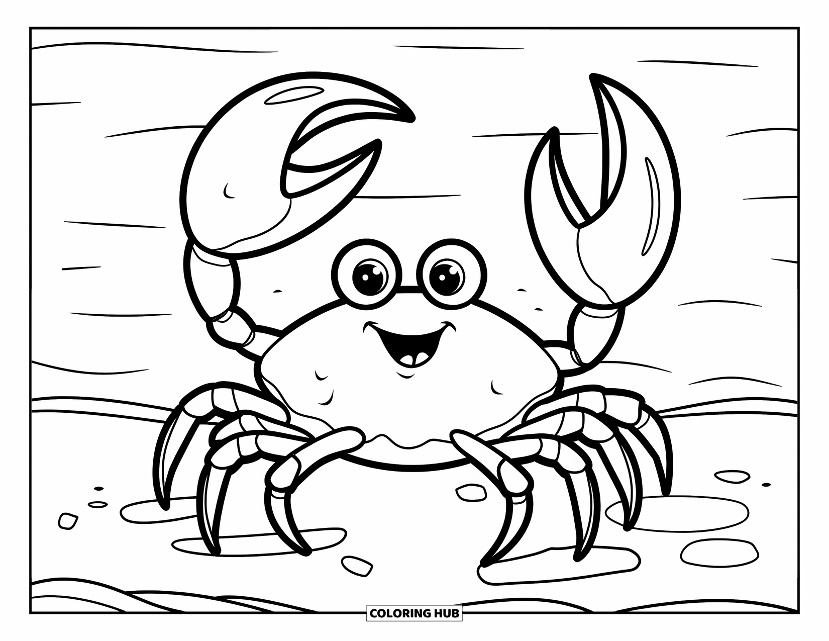 Sea Coloring Page for Kids: Smiling crab standing on sand with sea waves behind
