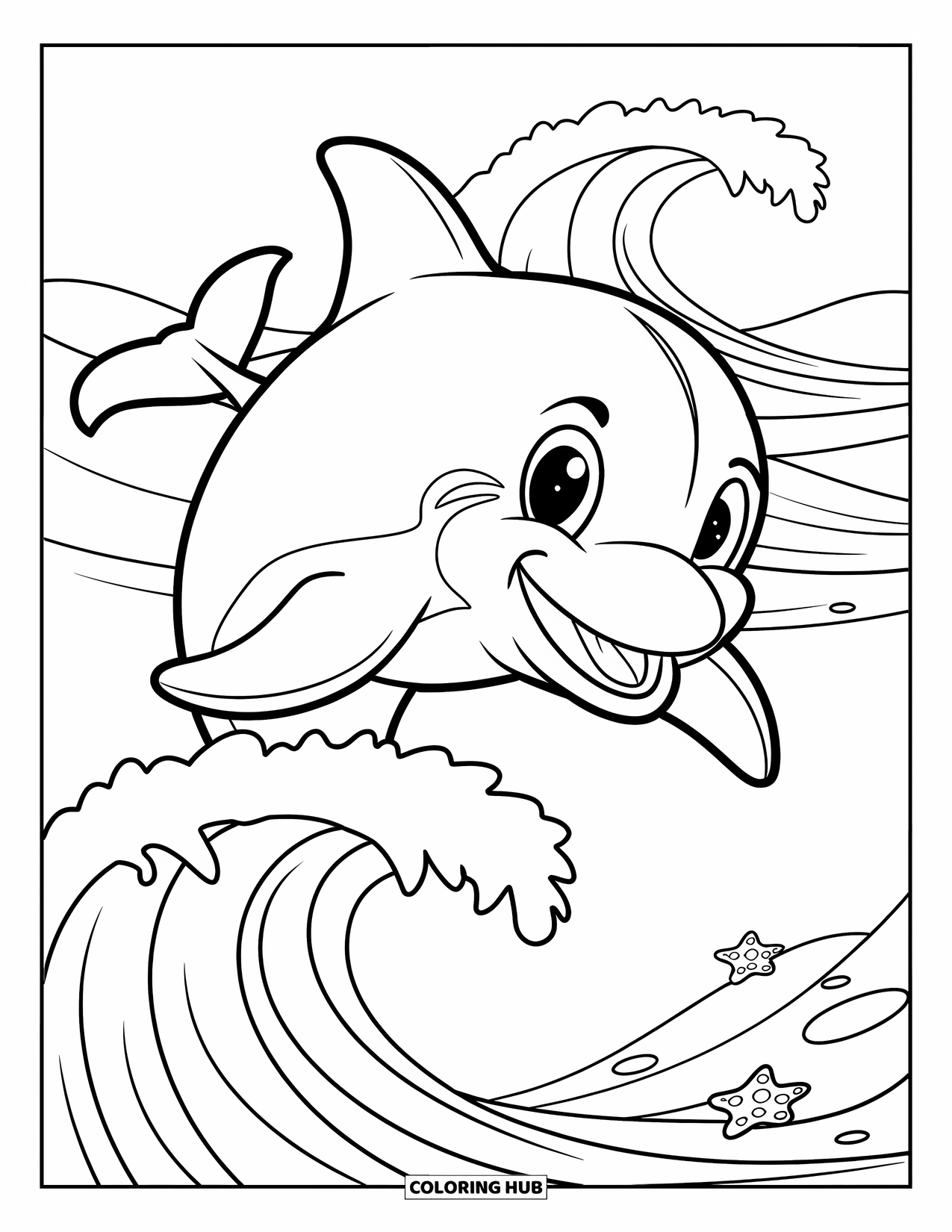 Sea Coloring Page for Kids: Smiling dolphin jumping with starfish on the wave