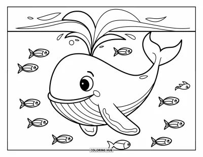 Desenho do mar para colorir para crianças: Baleia sorridente esguichando água com peixes ao redor