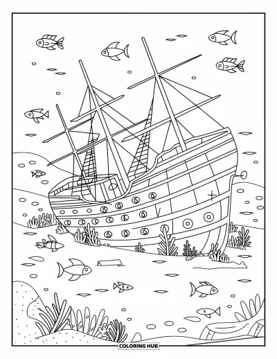 Desenho do mar para colorir para crianças: Navio naufragado com buracos, peixes e plantas marinhas ao redor