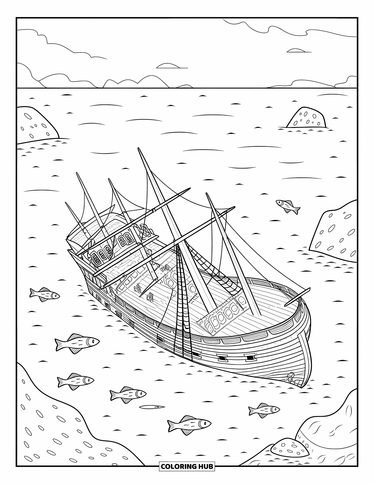 Sea Coloring Page for Kids: Sunken wooden ship with masts surrounded by fish