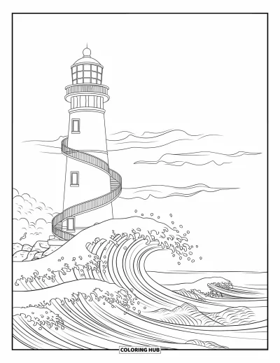 Desenho do mar para colorir para crianças: Farol alto com ondas, pedras e gaivotas por perto