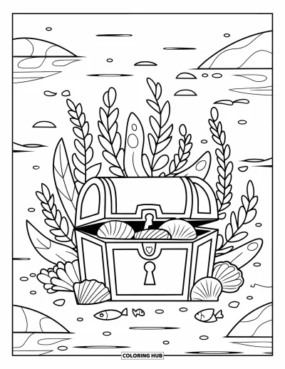 Desenho do mar para colorir para crianças: Baú do tesouro com gravura de coração, peixes e conchas