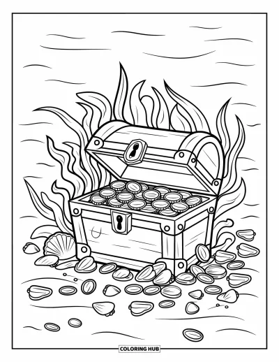 Desenho do mar para colorir para crianças: Baú do tesouro com fechadura quebrada e moedas entre algas