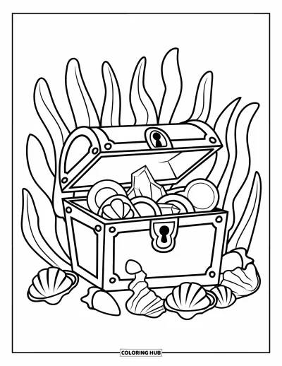 Desenho do mar para colorir para crianças: Baú do tesouro com moedas, pérolas, gemas e algas