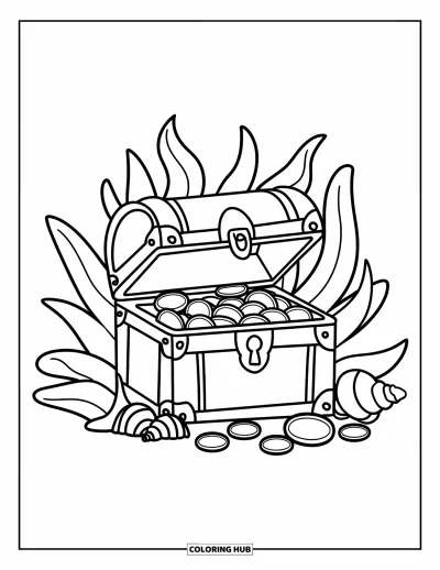 Desenho do mar para colorir para crianças: Baú do tesouro com moedas rodeado de algas e conchas