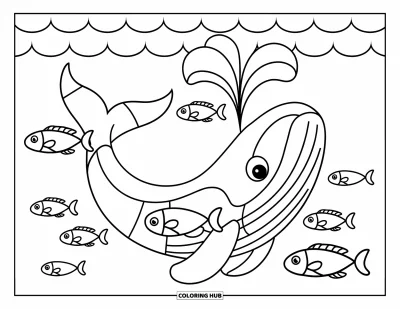 Desenho do mar para colorir para crianças: Baleia esguichando água com peixes nadando por baixo