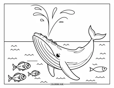 Desenho do mar para colorir para crianças: Baleia com boca aberta e olhos grandes esguichando água