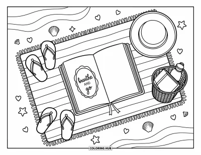 Disegno sull'autostima da colorare per adulti: Stuoia da picnic in spiaggia con diario "Breathe and Let Go" incorniciato da conchiglie