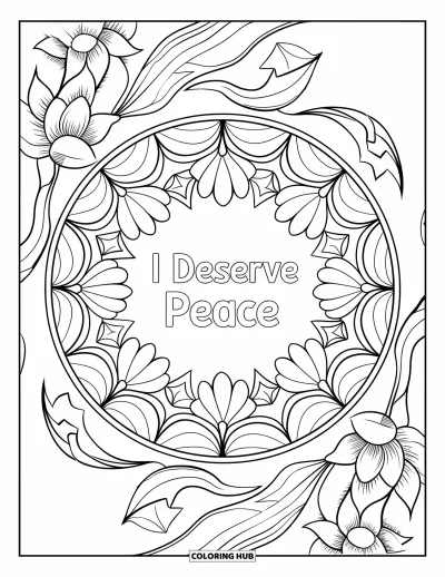 Disegno sull'autostima da colorare per adulti: Mandala circolare con fiori di loto e le parole "I Deserve Peace"