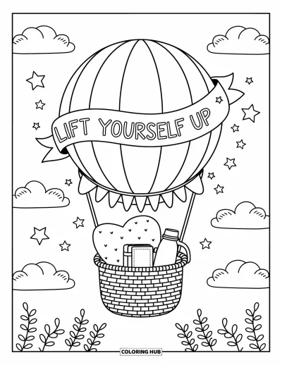 Disegno sull'autostima da colorare per adulti: Cielo nuvoloso con palloncino e striscione "Lift Yourself Up"