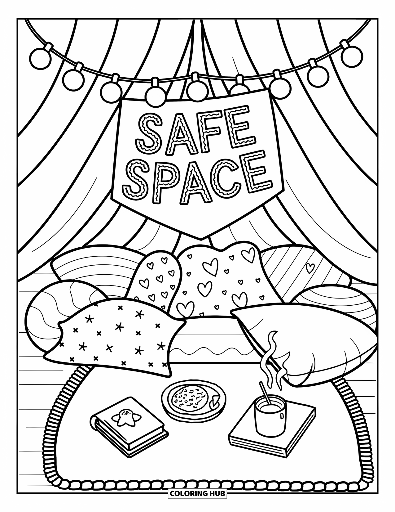Self Esteem Coloring Page for Adults: Cozy indoor fort with rug, snacks, and banner saying "Safe Space"