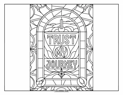 Disegno sull'autostima da colorare per adulti: Scritta "I Trust My Journey" in una vetrata con bussola e dettagli botanici