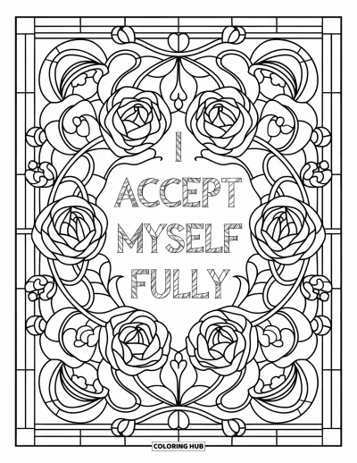 Disegno sull'autostima da colorare per adulti: Mandala intricato di rose e rampicanti con la frase "I Accept Myself Fully"