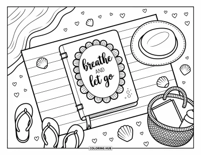 Disegno sull'autostima da colorare per adulti: Stuoia da spiaggia con diario "Breathe and Let Go" e conchiglie decorative