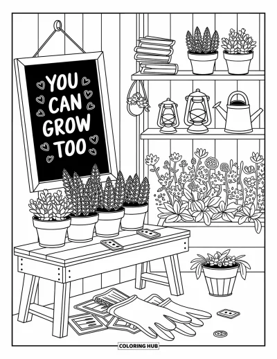 Disegno sull'autostima da colorare per adulti: Serra con guanti, bustine di semi e lavagna con scritta "You Can Grow Too"