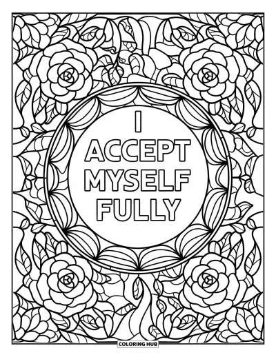 Disegno sull'autostima da colorare per adulti: Citazione "I Accept Myself Fully" con rose e rampicanti in stile vetrata