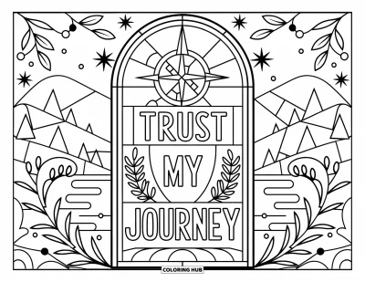 Disegno sull'autostima da colorare per adulti: Citazione "I Trust My Journey" in vetrata con stelle, spirali e motivi naturali