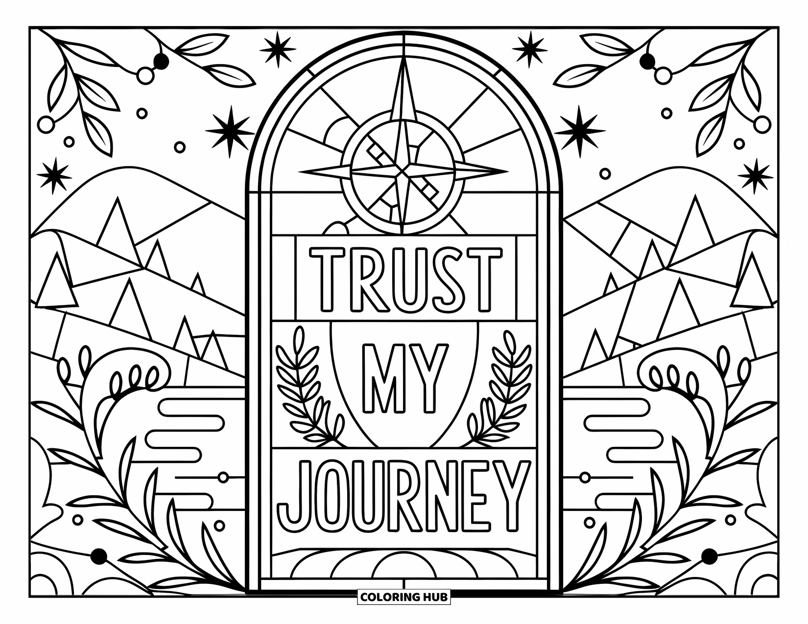 Self Esteem Coloring Page for Adults: Quote "I Trust My Journey" in stained glass with stars, swirls, and nature