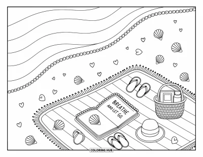 Disegno sull'autostima da colorare per adulti: Scena di mare con infradito, cappello e diario con scritta "Breathe and Let Go"