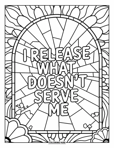 Disegno sull'autostima da colorare per adulti: Vetrata in frantumi con le parole "I Release What Doesn't Serve Me"