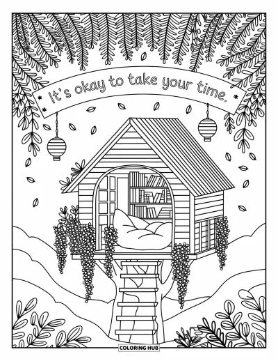 Disegno sull'autostima da colorare per adulti: Rifugio su un albero con pouf, librerie e cartello "It's Okay to Take Your Time"