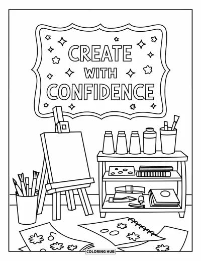 Disegno sull'autostima da colorare per bambini: Angolo creativo con tela bianca, materiali e cartello "Create with Confidence"