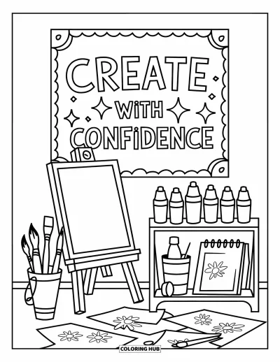 Disegno sull'autostima da colorare per bambini: Angolo artistico con cavalletto, pennelli, scarabocchi e poster "Create with Confidence"