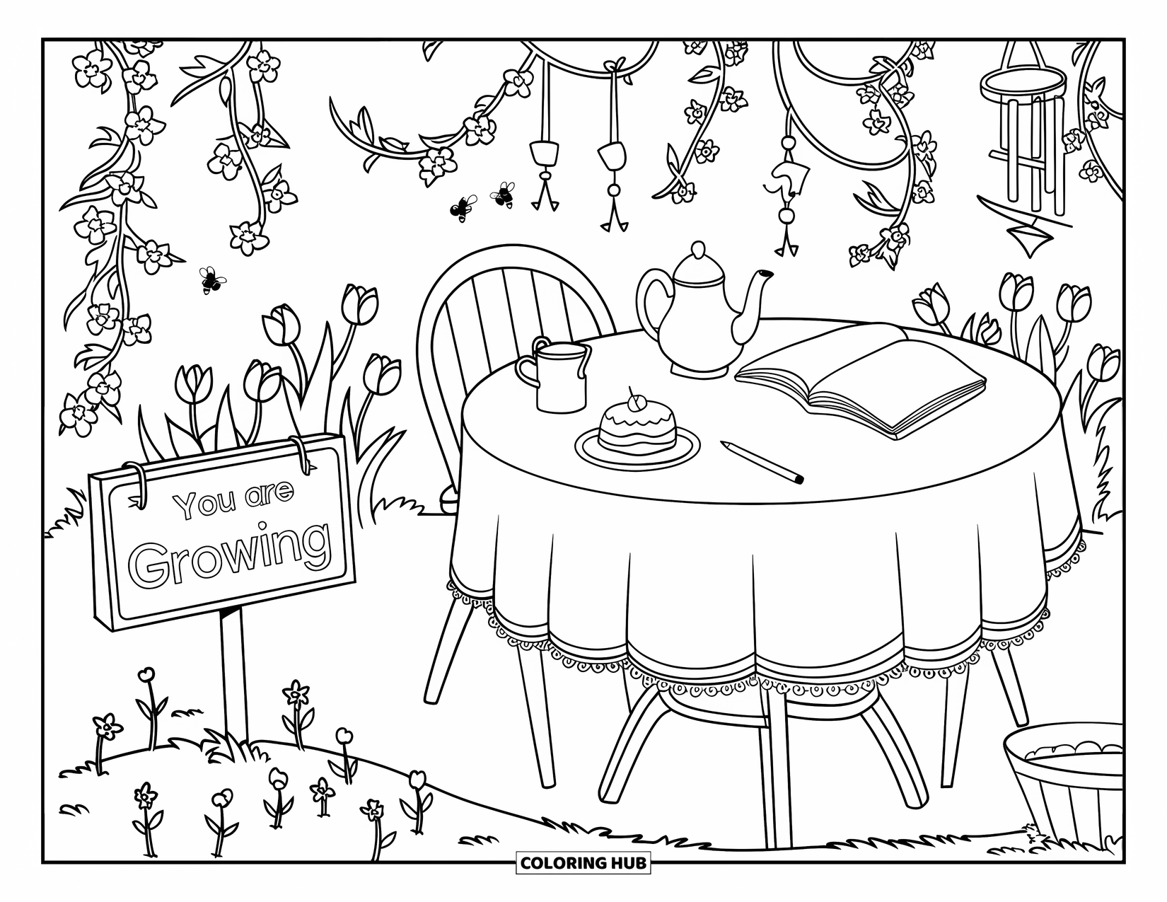 Self Esteem Coloring Page for Kids: Backyard table with teapot, cake, sketchbook, and sign "You Are Growing"