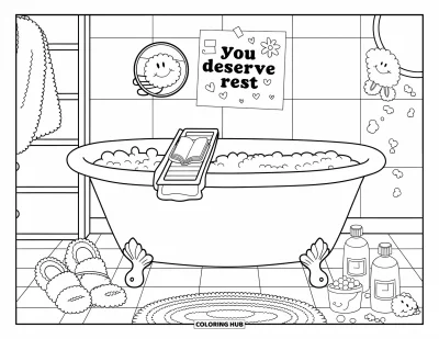 Disegno sull'autostima da colorare per bambini: Scena in bagno con vasca, libro e biglietto "You Deserve Rest"