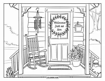 Disegno sull'autostima da colorare per bambini: Portico di un cottage con piante, carillon e un cartello di benvenuto affettuoso