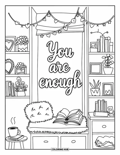 Disegno sull'autostima da colorare per bambini: Camera da letto accogliente con piante, libri e ghirlanda con scritta "You Are Enough"