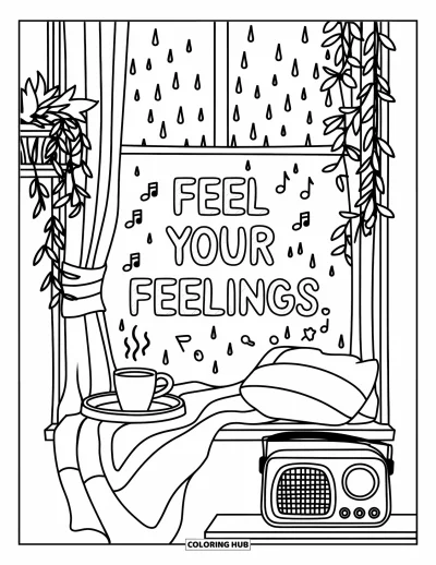 Disegno sull'autostima da colorare per bambini: Angolino confortevole con tè, radio e vetro appannato con scritta "Feel Your Feelings"