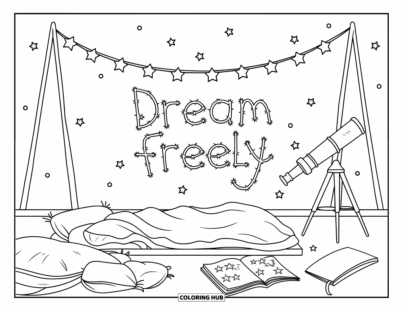 Self Esteem Coloring Page for Kids: Cozy rooftop under stars with garlands and the phrase "Dream Freely"