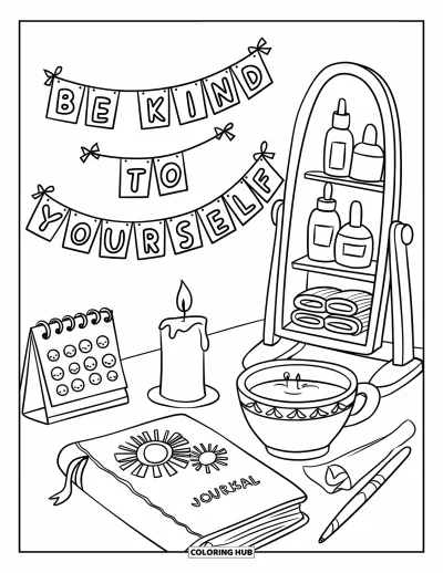 Disegno sull'autostima da colorare per bambini: Scrivania con tè, candela e striscione "Be Kind to Yourself"