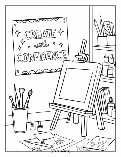 Disegno sull'autostima da colorare per bambini: Cavalletto e pennelli con scarabocchi sul pavimento e poster "Create with Confidence"